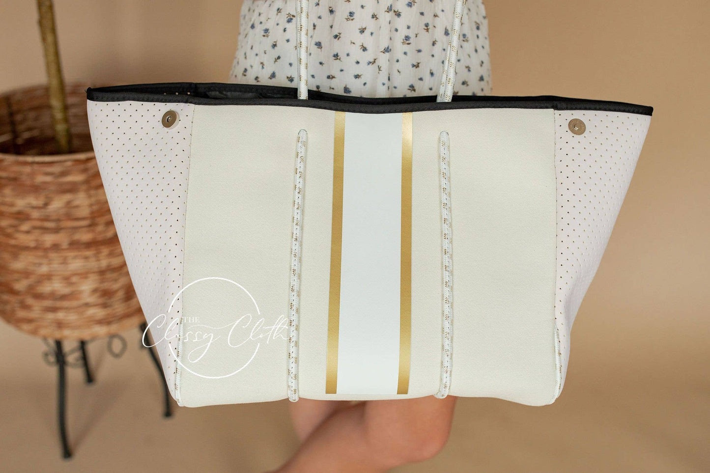 Beach Bag - Cream w/ Gold and White Stripe RTS