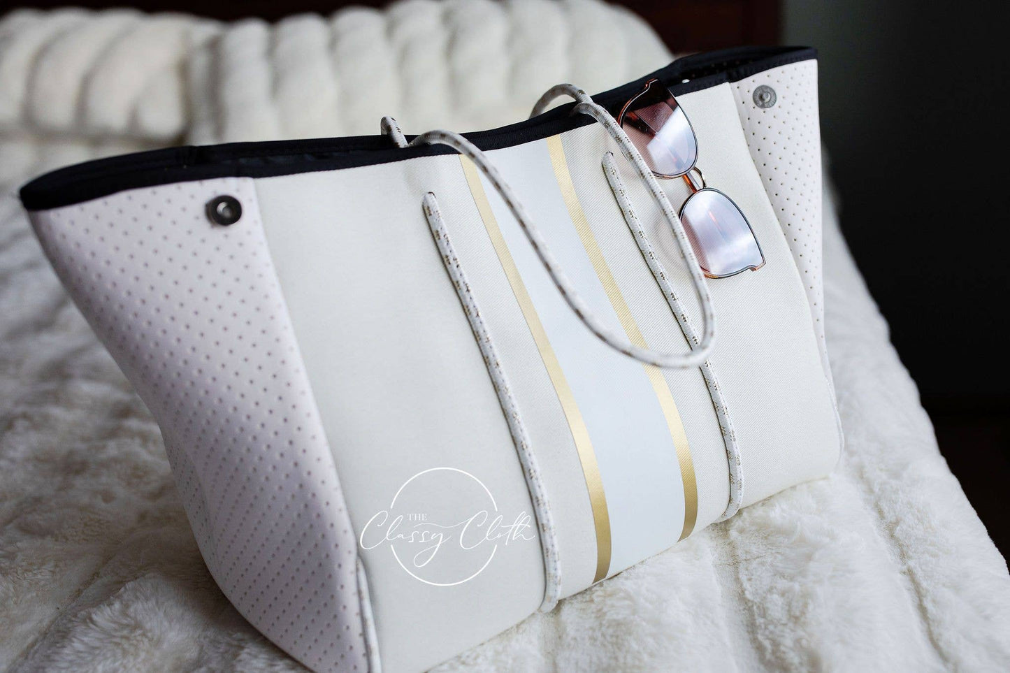 Beach Bag - Cream w/ Gold and White Stripe RTS