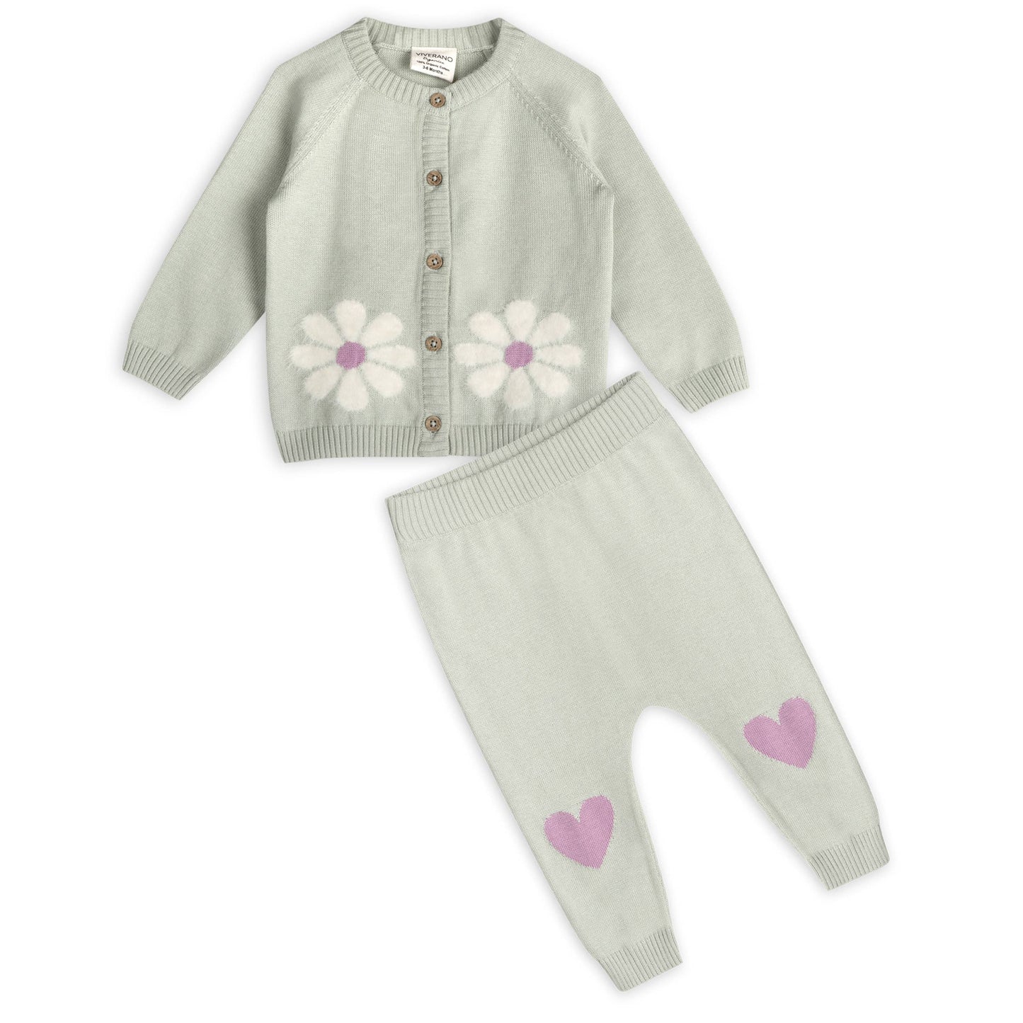 Flower & Heart Baby Sweater Cardigan & Pants Set - Sage Green