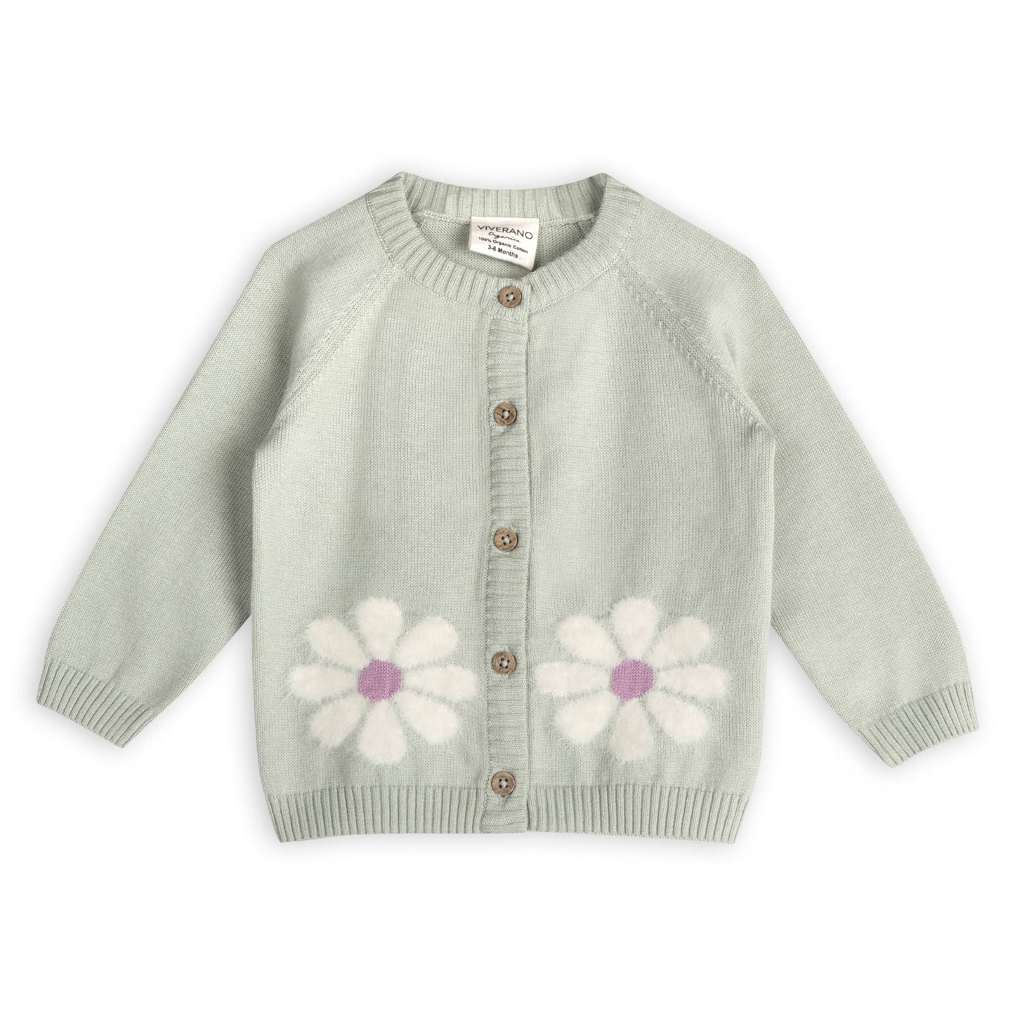 Flower & Heart Baby Sweater Cardigan & Pants Set - Sage Green
