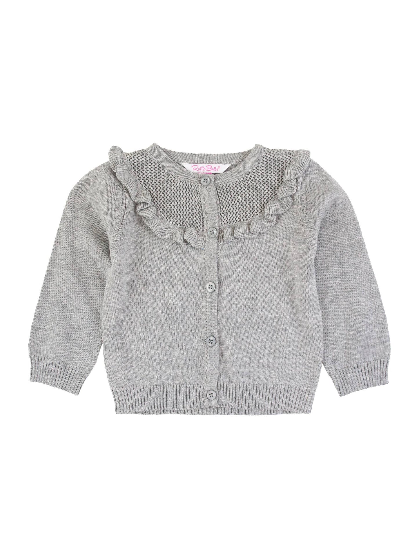 Girls Heather Gray Sweater Knit Ruffle Trim Cardigan