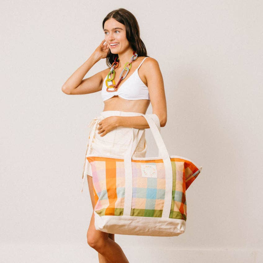 Rainbow Plaid Canvas Tote