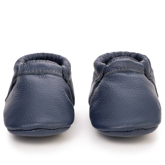 Fringeless Baby Moccasins - Leather Baby Shoes (Navy Blue)