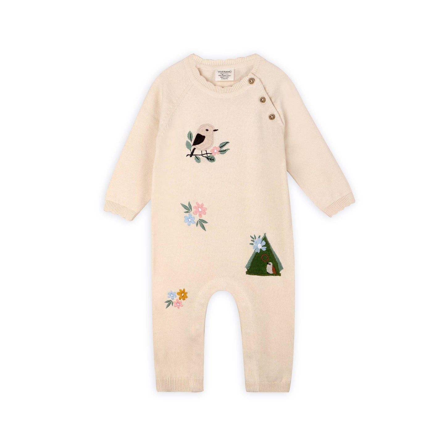 Bird & Floral Embroidered Baby Knit Jumpsuit (Organic)