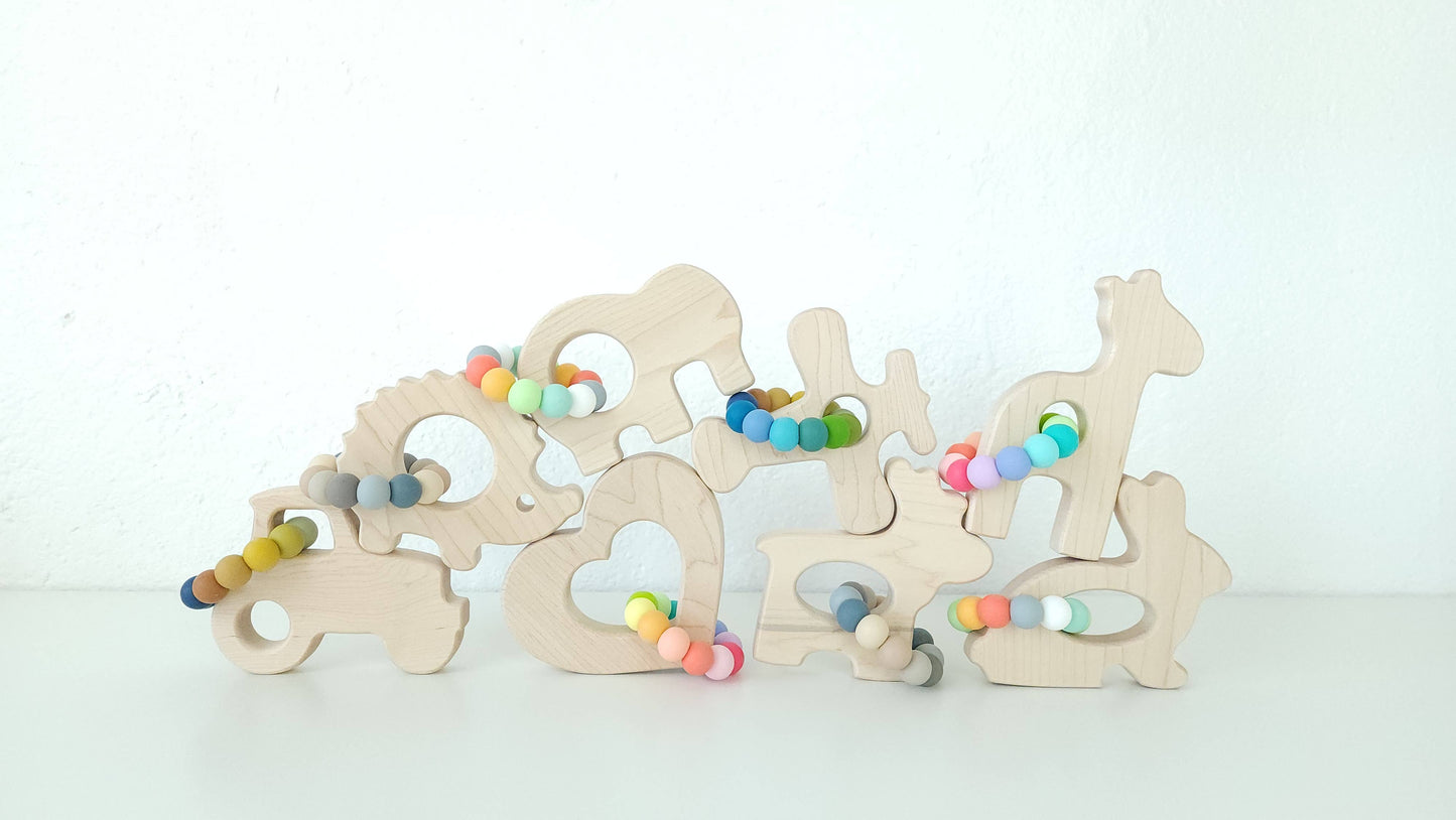Tractor Grasping Wooden Baby Toy with Teething Beads