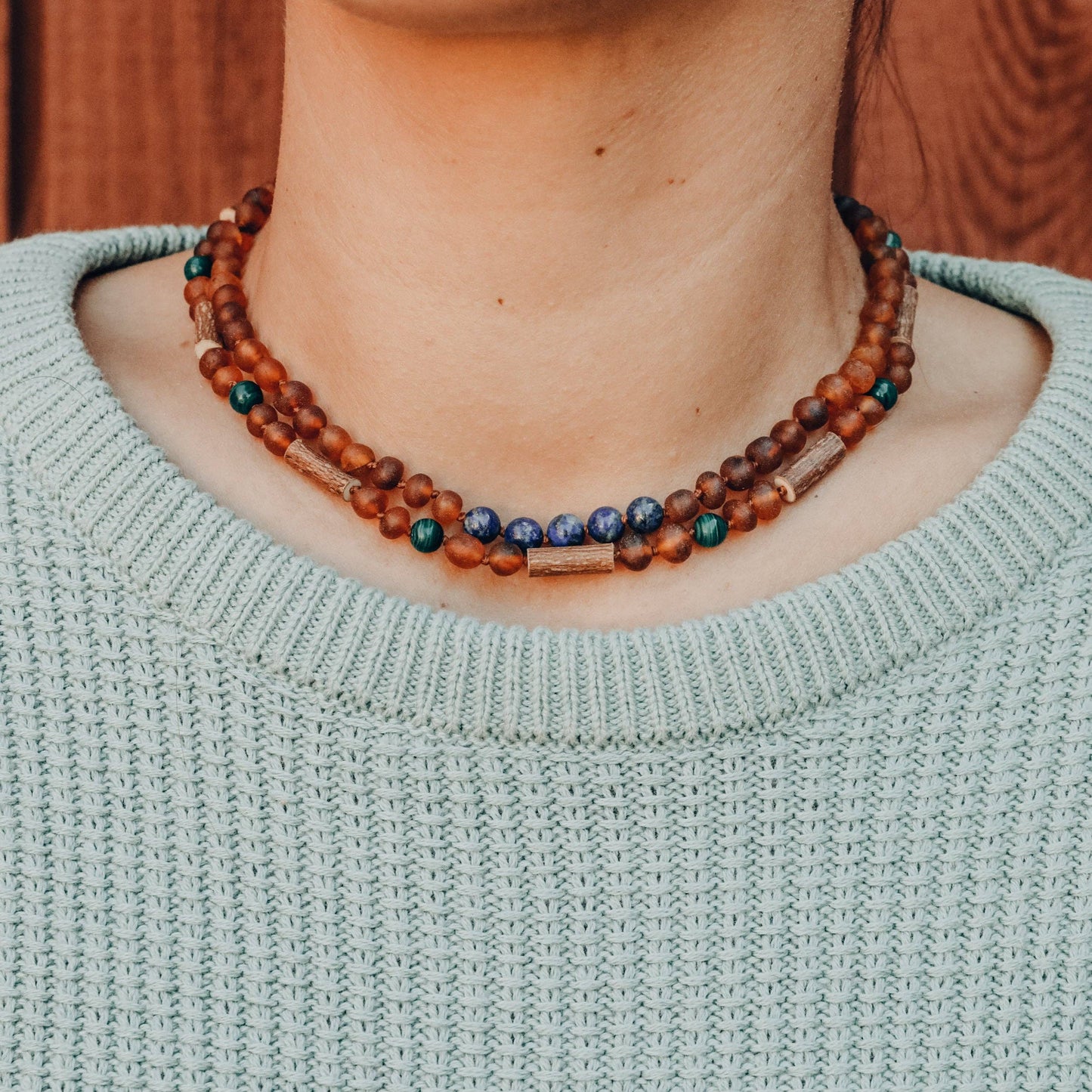 Raw Cognac Baltic Amber + Lapis Lazuli Beaded  Necklace