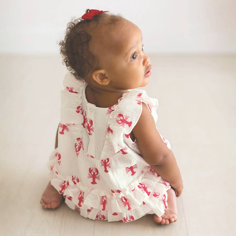 Sleeveless Bubble Romper with Ruffles - Lobster