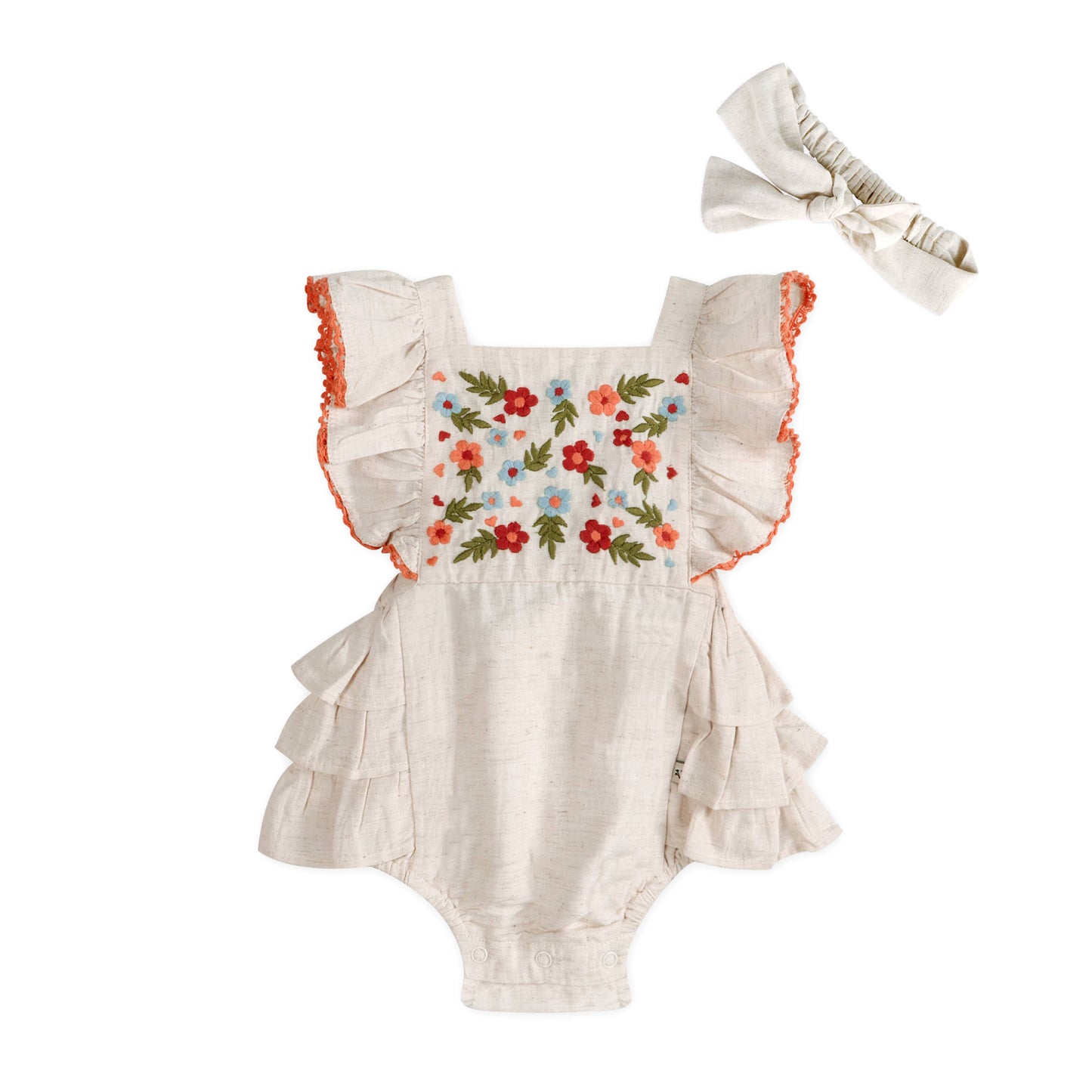 Anya Embroidered Baby Romper + Headband (Linen)