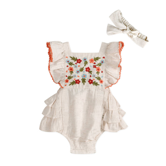 Anya Embroidered Baby Romper + Headband (Linen)