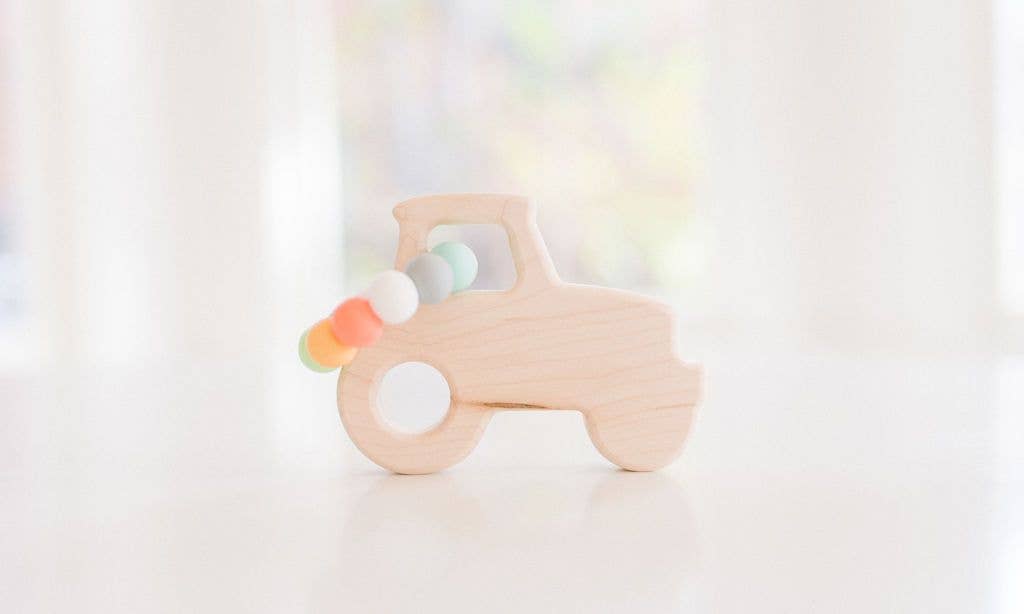 Tractor Grasping Wooden Baby Toy with Teething Beads