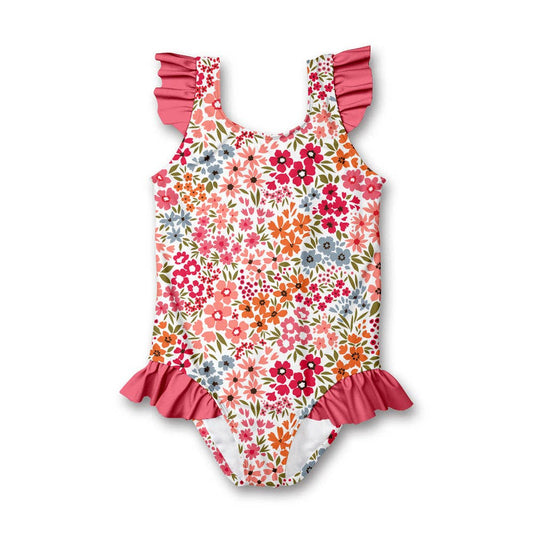 Coral Samantha Floral Ruffle-Accent One-Piece