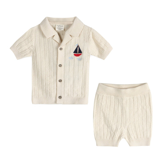 Sailboat Embroidered Baby Shirt & Shorts Set (Organic)