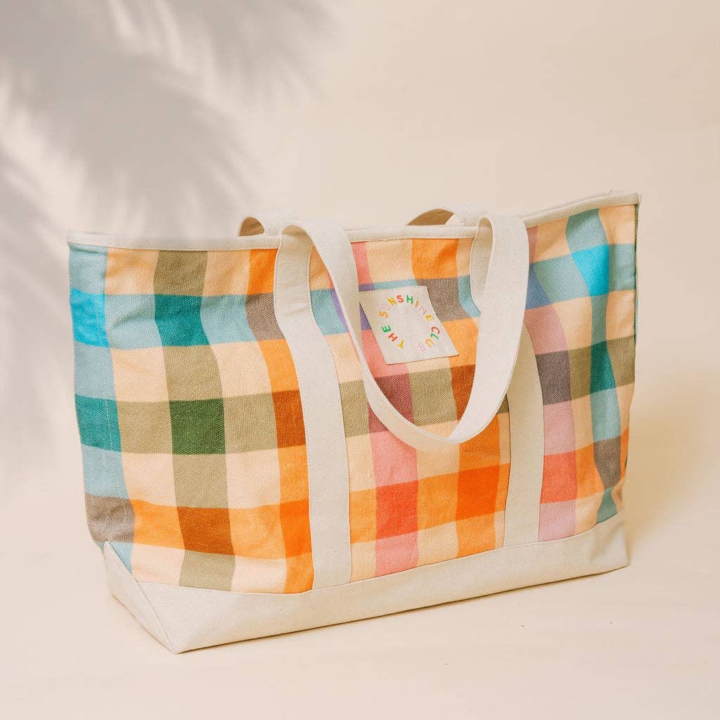 Rainbow Plaid Canvas Tote