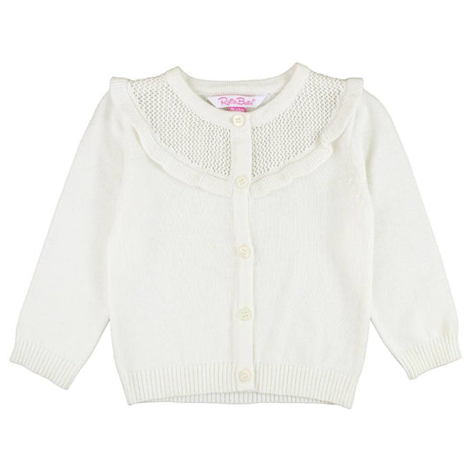 Girls Off-White Sweater Knit Ruffle Trim Cardigan