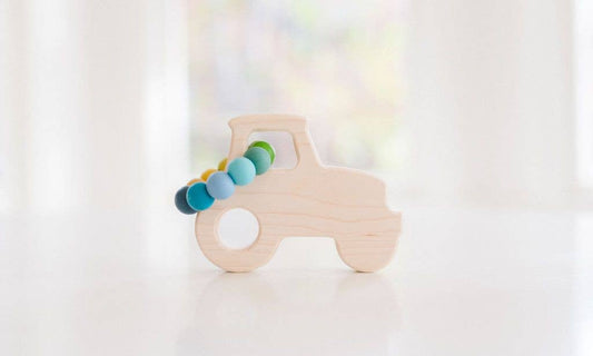 Tractor Grasping Wooden Baby Toy with Teething Beads
