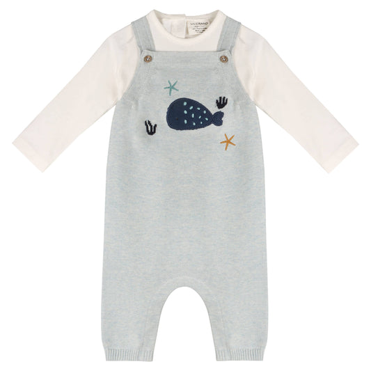Whale Embroidered Knit Baby Overall Set (Organic Cotton)