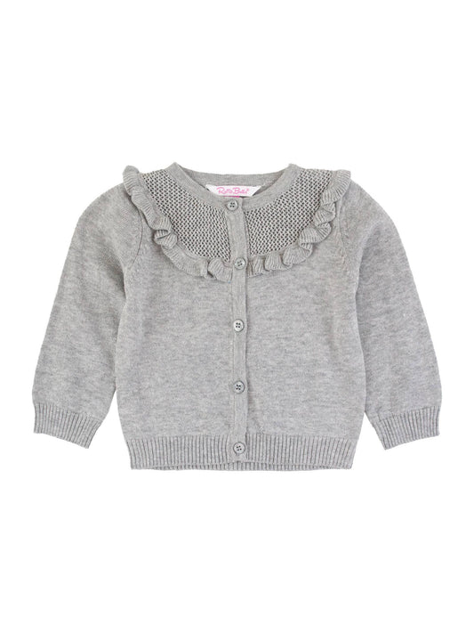 Girls Heather Gray Sweater Knit Ruffle Trim Cardigan