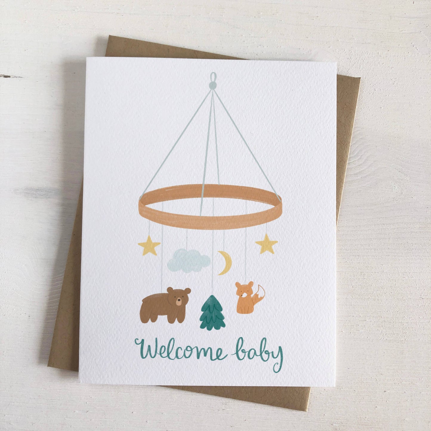 Welcome Baby Mobile - Woodland Baby Shower Greeting Card