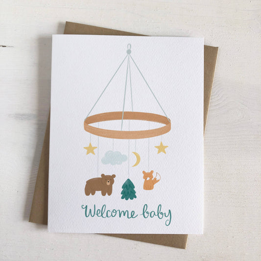 Welcome Baby Mobile - Woodland Baby Shower Greeting Card