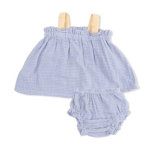 Micro Gingham Blue Blizzard - Top with Bows and Ruffle Leg Bloomer