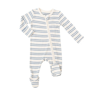 Rib Zipper Footie- Blue Stripe