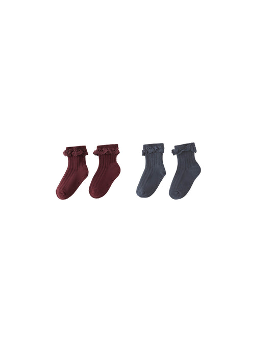 Lace Trim Socks 2 Pack - Burgundy & Navy