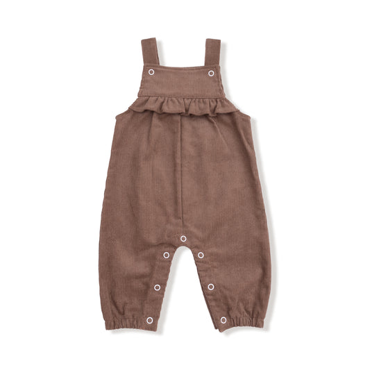 Corduroy Yoke Ruffle Overalls - Chocolate