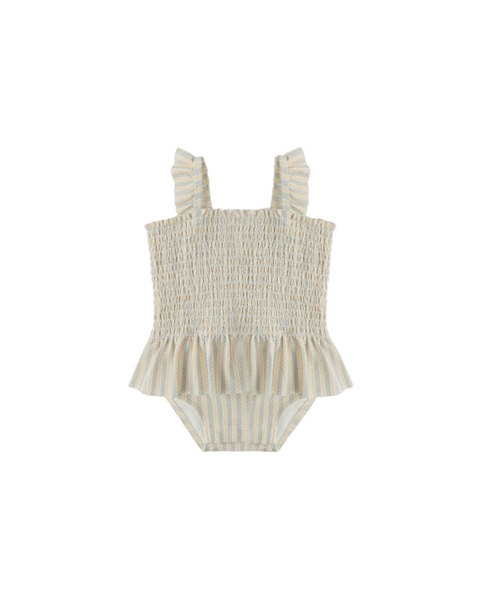 Smocked One-Piece Swimsuit Blue Butterscotch Stripe
