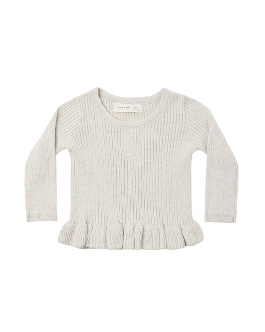 RIBBED KNIT PEPLUM TOP HEATHERED OATMEAL