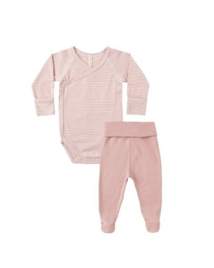 Side Snap Onesie + Pant Set - Rose Micro Stripe